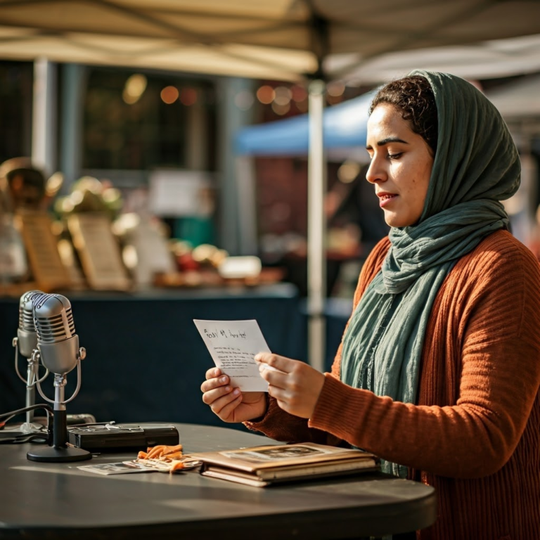 A woman wearing a headscarf standing at a table, reading a piece of paper, with a microphone and various items on the table | Eddie Sajjad for Fort Bend County Judge 2026